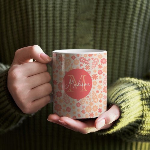 Peach Airy Wildflower Meadow Pattern  Monogram Coffee Mug