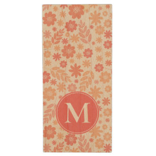 Peach Airy Wildflower Meadow Pattern & Monogram Wood Flash Drive