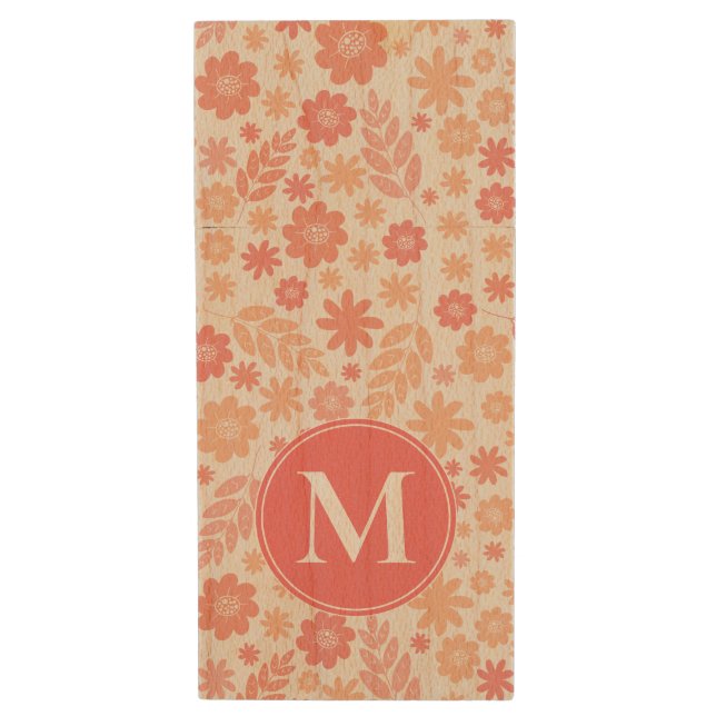 Peach Airy Wildflower Meadow Pattern & Monogram Wood Flash Drive (Front Vertical)