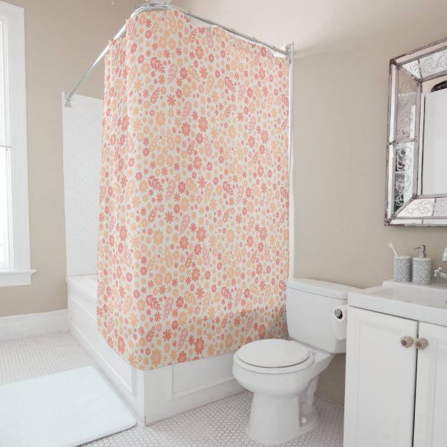 Peach Airy Wildflower Meadow Pattern Shower Curtain (In Situ)