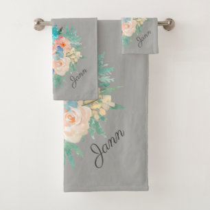 Peach and Aqua Floral Bouquet with Name Bath Towel Set