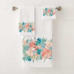 Peach and Aqua Watercolor Floral on White Bath Towel Set
