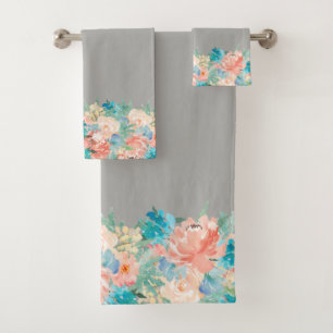 Peach and Aqua Watercolor Floral Pattern Bath Towel Set
