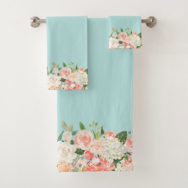 Peach and Aqua Watercolor Floral Pattern Bath Towel Set (Insitu)