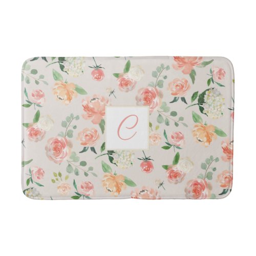 Peach and Beige Floral Pattern with Any Monogram Bath Mat