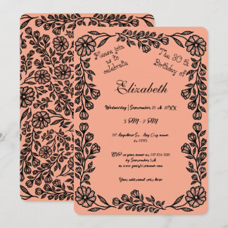 Peach and Black Botanical Floral 30th Birthday Invitation