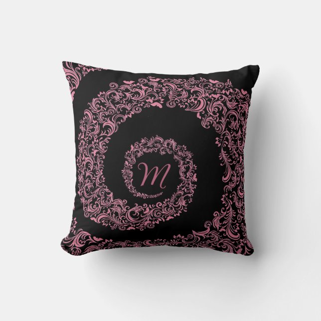 Peach and Black Damask Monogram Throw Pillow (Front)