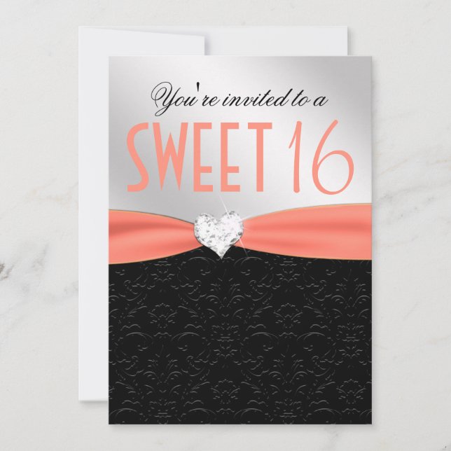 Peach and Black Floral Damask Diamond Heart Invitation (Front)
