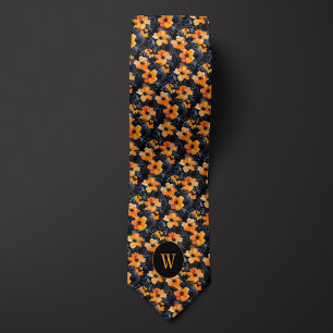 Peach and Black Watercolor Floral Monogram Neck Tie