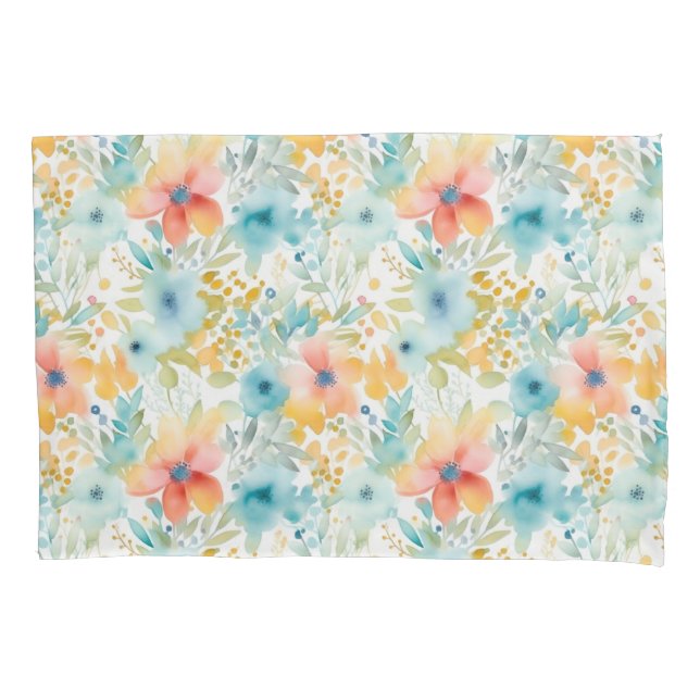 Peach and Blue Abstract Flowers Pillow Case (Front)