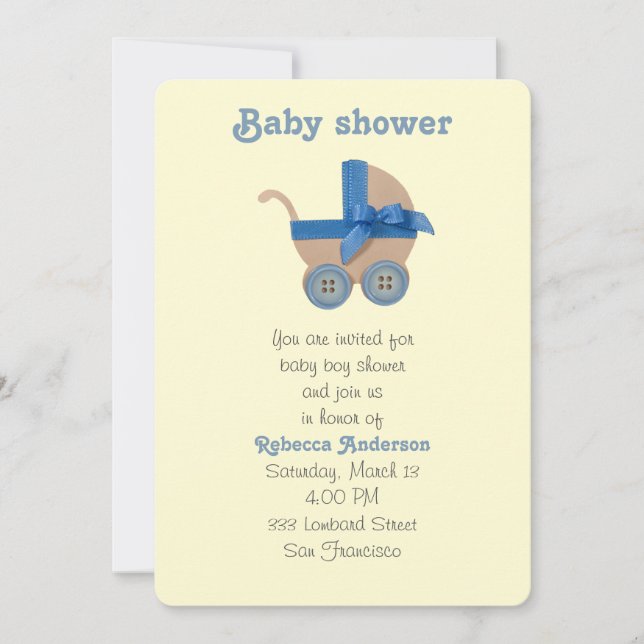 Peach and blue baby carriage invitation (Front)