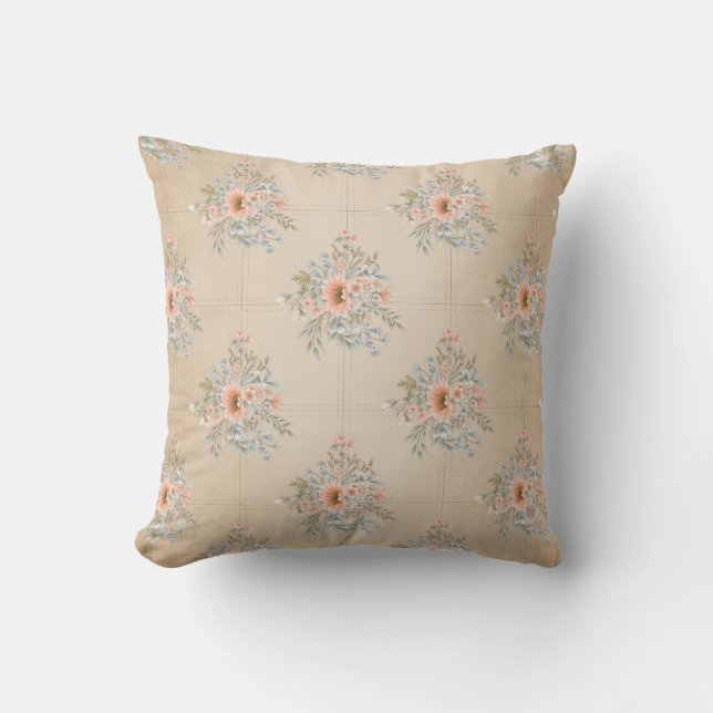 Peach and Blue Bouquets on Tan Shaded Throw Pillow (Front)