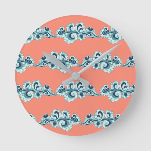 Peach and Blue Chinese Sky Clouds Pattern Bedroom Round Clock