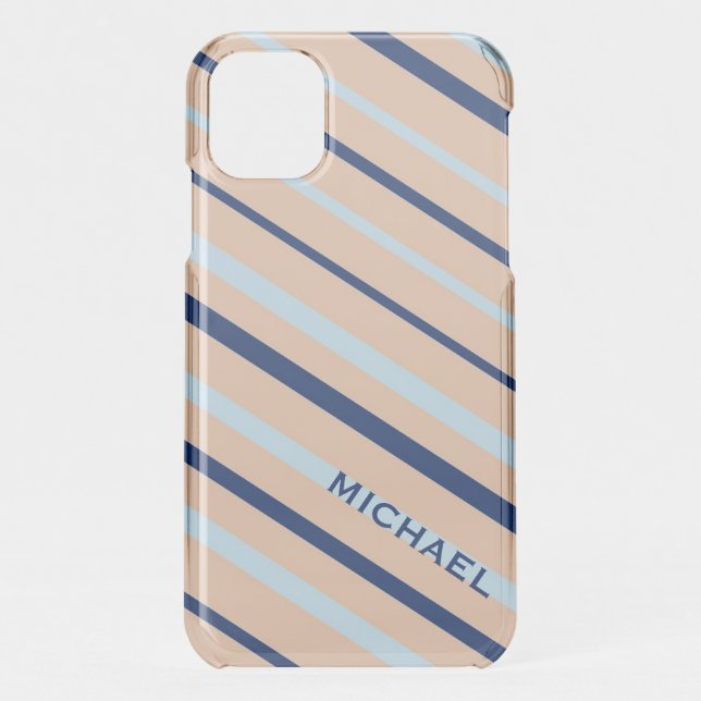 Peach and Blue diagonal stripes Personalised Uncommon iPhone Case (Back)