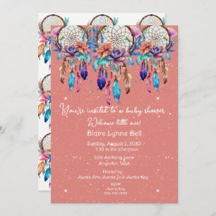 Peach and Blue Dreamcatcher Girl Baby Shower Invitation