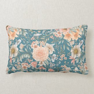 Peach and Blue Floral on Medium Teal Lumbar Pillow