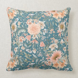 Peach and Blue Floral on Medium Teal Throw Pillow
