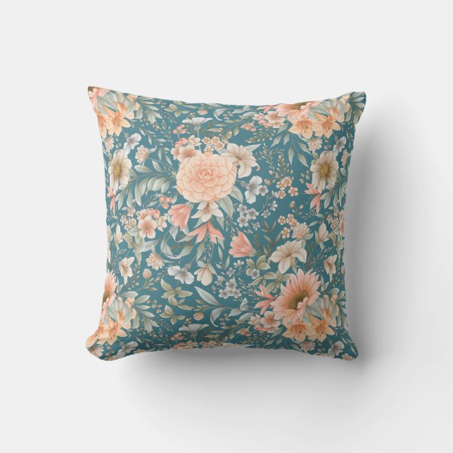 Peach and Blue Floral on Medium Teal Throw Pillow (Front)
