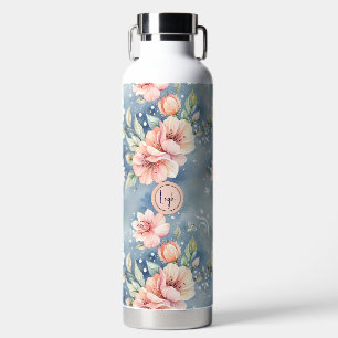 Peach and Blue Floral Water Bottle