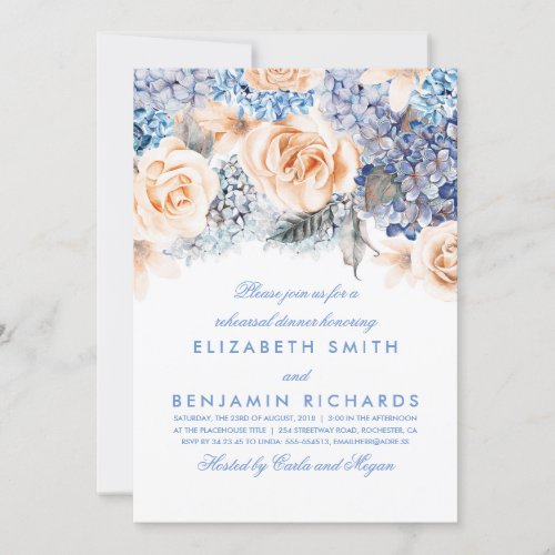 Peach and Blue Floral Watercolors Rehearsal Dinner Invitation