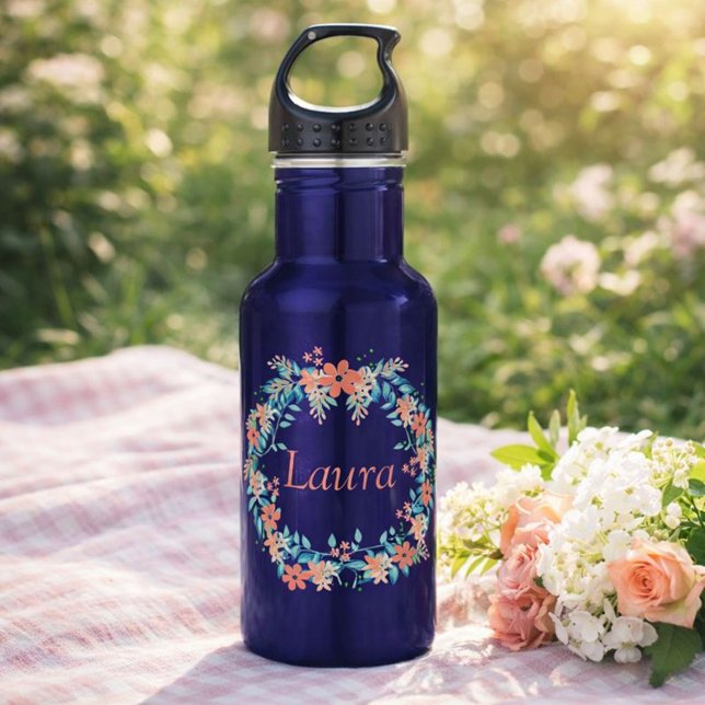 Peach and Blue Floral Wreath Stainless Steel Water Bottle (Creator Uploaded)