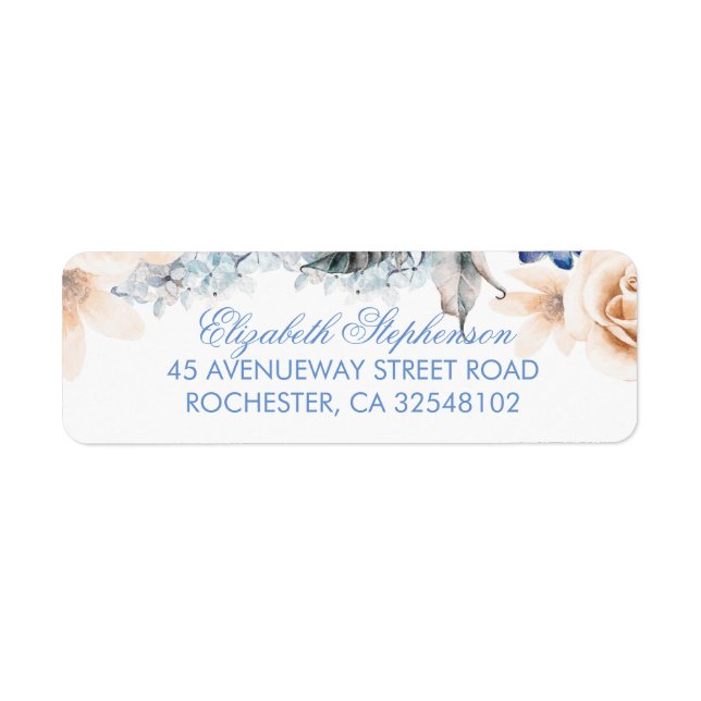 Peach and Blue Flowers Elegant Wedding Label (Front)