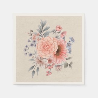 Peach and Blue Late Summer Flowers Napkins