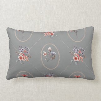 Peach and Blue on Taupe Floral Heirloom Lumbar Lumbar Pillow