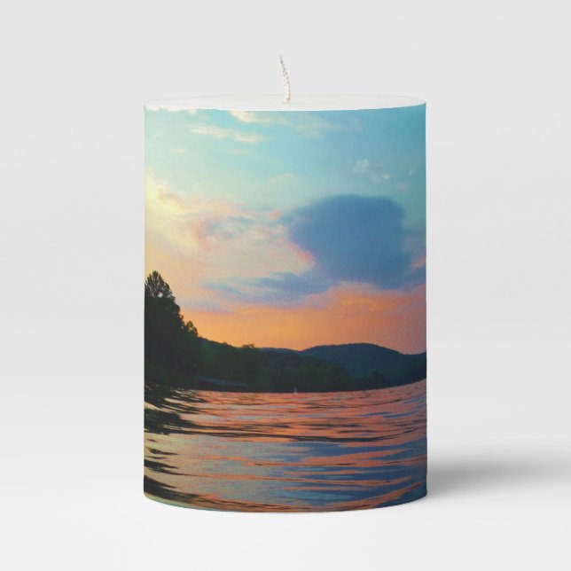 Peach and Blue Sunset Lake Beach Nature Photo Pillar Candle (Front)