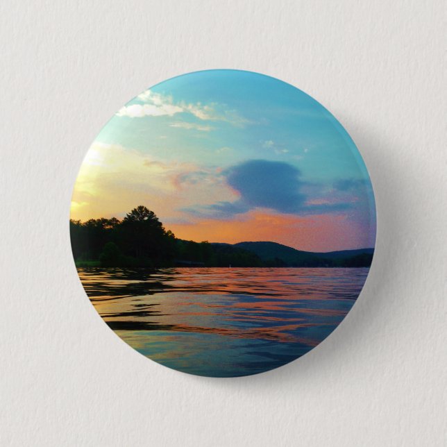 Peach and Blue Sunset on mountain Lake Button (Front)