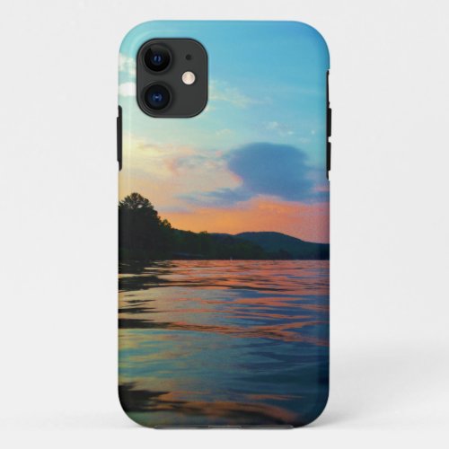 Peach and Blue Sunset on mountain Lake iPhone 11 Case