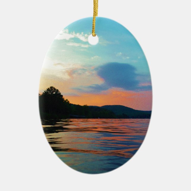 Peach and Blue Sunset on mountain Lake Ceramic Ornament (Front)