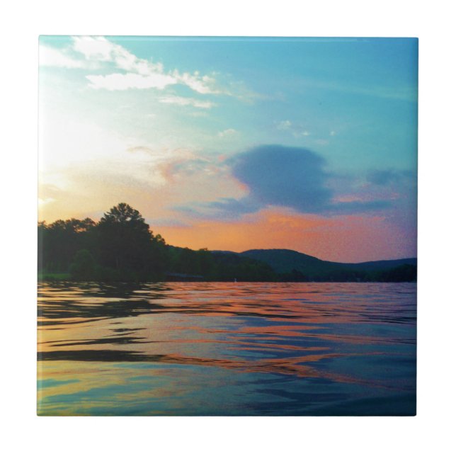 Peach and Blue Sunset on mountain Lake Ceramic Tile (Front)