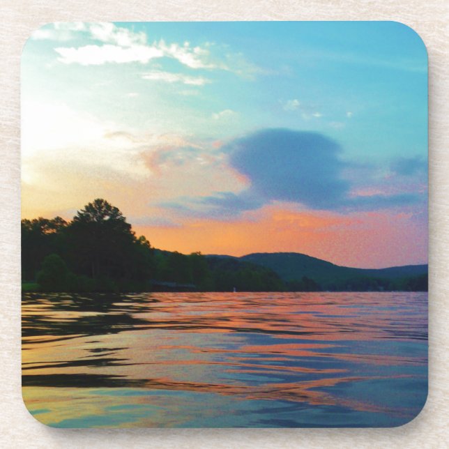 Peach and Blue Sunset on mountain Lake Coaster (Front)