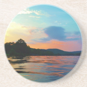 Peach and Blue Sunset on mountain Lake Coaster