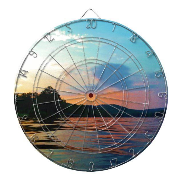 Peach and Blue Sunset on mountain Lake Dartboard With Darts (Front)
