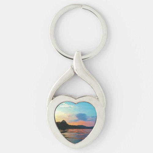 Peach and Blue Sunset on mountain Lake Keychain