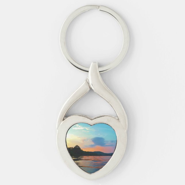 Peach and Blue Sunset on mountain Lake Keychain (Front)