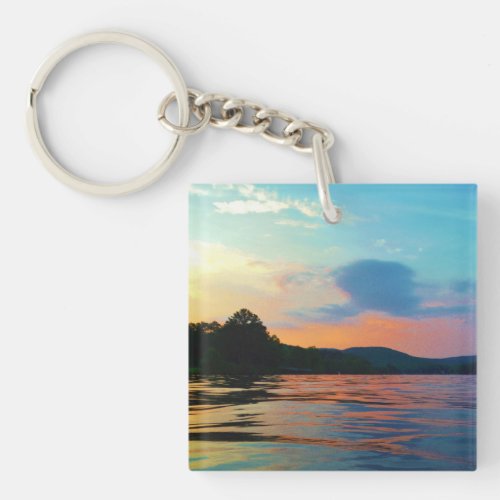 Peach and Blue Sunset on mountain Lake Keychain