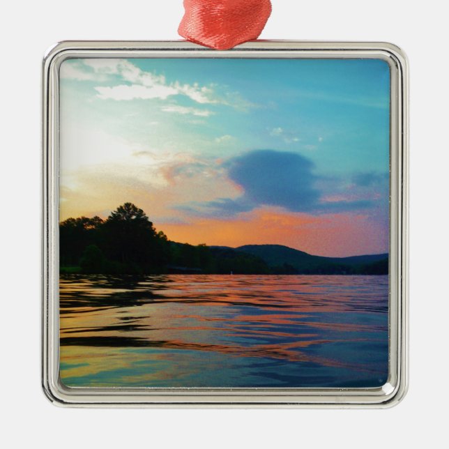 Peach and Blue Sunset on mountain Lake Metal Ornament (Front)