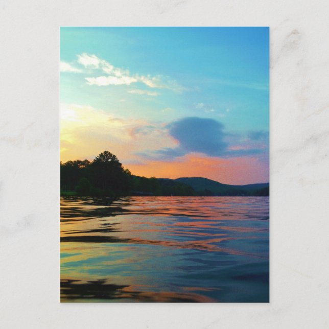 Peach and Blue Sunset on mountain Lake Postcard (Front)