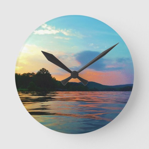 Peach and Blue Sunset on mountain Lake Round Clock