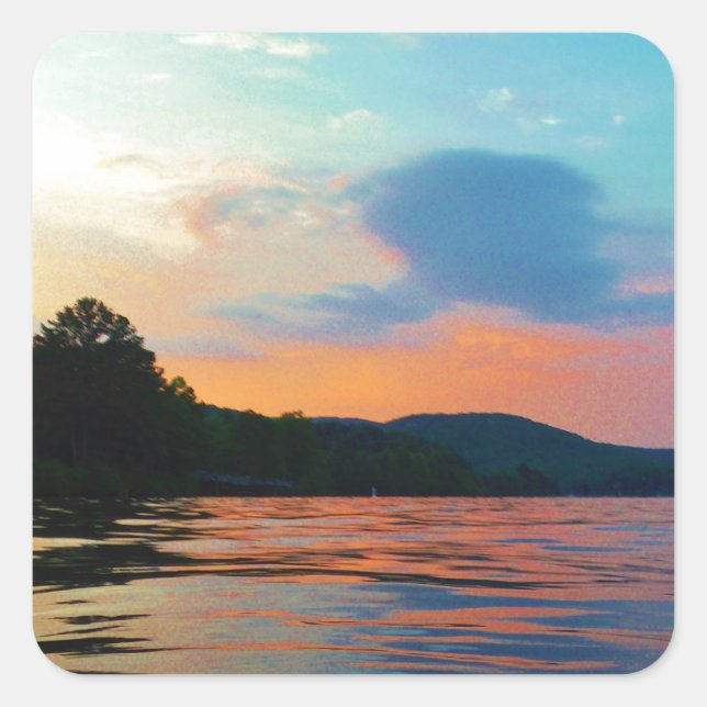 Peach and Blue Sunset on mountain Lake Square Sticker (Front)