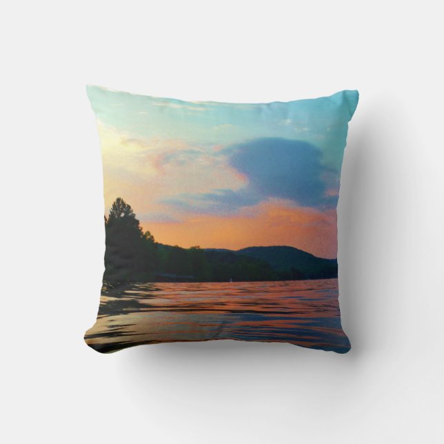 Peach and Blue Sunset on mountain Lake Throw Pillow (Front)