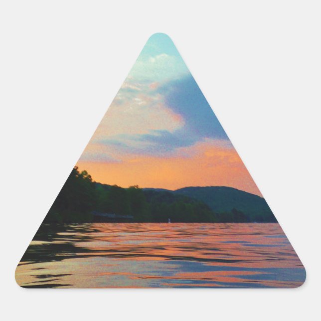 Peach and Blue Sunset on mountain Lake Triangle Sticker (Front)