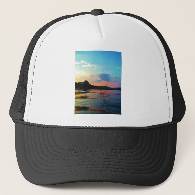 Peach and Blue Sunset on mountain Lake Trucker Hat (Front)