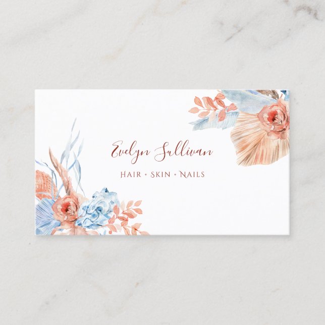 Peach and blue tropical business card (Front)