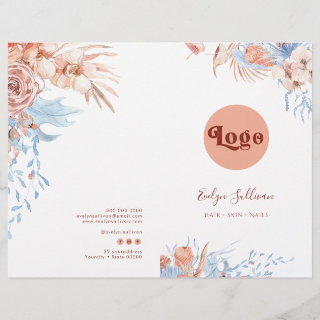 Peach and blue tropical service menu brochure (Front)