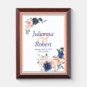 Peach and blue watercolor floral Wedding memory Award Plaque