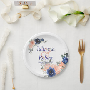 Peach and blue watercolor floral  wedding  paper p plates